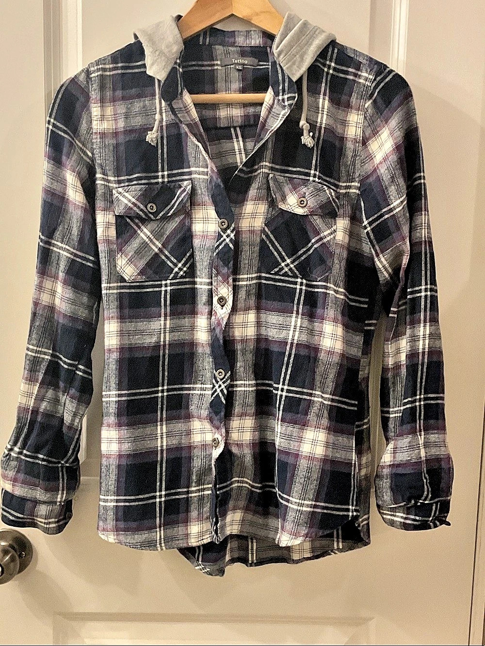 Tattoo Plaid Hooded Button Down in Blue & Purple Size XS Like New